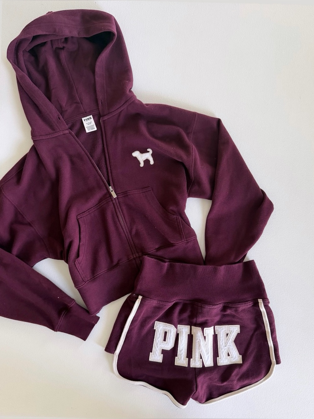 PINK Victoria's Secret Burgundy Zip Up Hoodie &
Matching Shorts Set